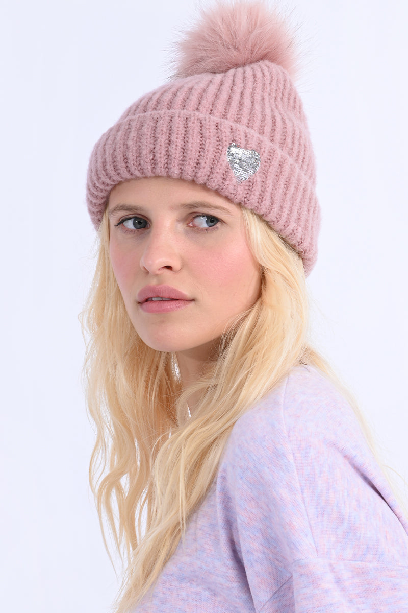 Molly Bracken - Sequin Heart Pom-Pom Toque